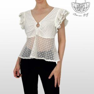 Steve Madden / V-Neck Lace Short Sleeve Top / Size S / Color White